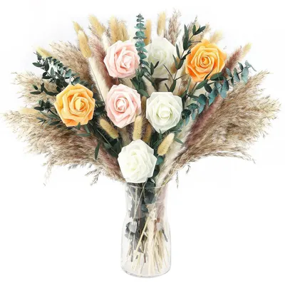 Image de Ensemble de 91 pièces comprenant des fleurs séchées et du pampa, naturelles et artificielles, bouquet décoratif pour la décoration intérieure et les chambres