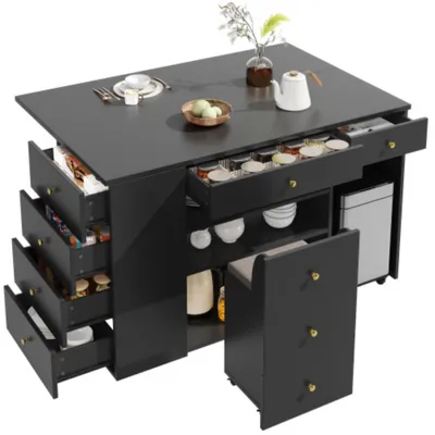 Produktbild von Kücheninsel, Anrichte mit Barhockern, Küchenschrank mit 6 Schubladen & Hockern, Breite verstellbar 140*40(70)*89cm