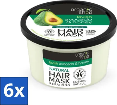 Productafbeelding van Organic Shop - Avocado- en honinghaarmasker - Hydraterend en verzachtend - 250 ml - Voordeelverpakking - 6 stuks