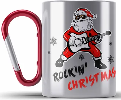 Produktbild von Trendation -  Rockin Christmas Edelstahl Tasse Karabiner Weihnachten WeihnachtsEdelstahl Tasse Karabiner Rock N Roll Heavy Metal Geschenk Geschenkidee Metal Fans Rockmusik Karabiner Edelstahl Tasse Karabiner Edelstahl (Rot)