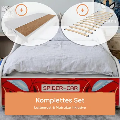 Produktbild von Autobett Kinderbett Jugendbett Spinnenauto-Motiv Kinder Spielbett Rennfahrer mit Matratze 80x160 cm von 3. bis 10. Lebensjahr