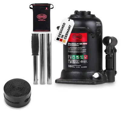 Obrázek produktu pro HEYNER® Sada zvedáků na auto 10t I Hydraulický zvedák na auto s gumovou podložkou I Dvoustupňový zvedák pro SUV dodávky I Sada s protiskluzovou ochrannou podložkou alca® I Výška zdvihu 210-442 mm