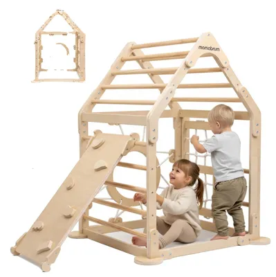 Image de Maisonnette en bois, dimensions 1,5 m x 1,5 m x 1,2 m, adaptée aux enfants de 3 à 6 ans, structure d'escalade avec toboggan et échelle, s de sécurité CE et EN71