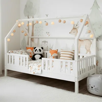 Produktbild von MEBLE WRÓBEL Hausbett 80x180 cm mit Rausfallschutz und Lattenrost - Einzelbett Jugendbett- Kinderbett aus Kiefer Massivholz Weiß - Kleinkindbett für Jungen & Mädchen - Standhöhe 20 cm