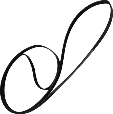 A black serpentine belt is looped and laid out against a white background.