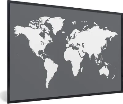 Produktbild von MuchoWow® Gerahmtes Poster Weltkarte - Weiß - Grau 90x60 cm - Poster mit Schwarzem Bilderrahmen Wandposter Rahmen Foto Bilder - Fotorahmen - Foto-Plakat
