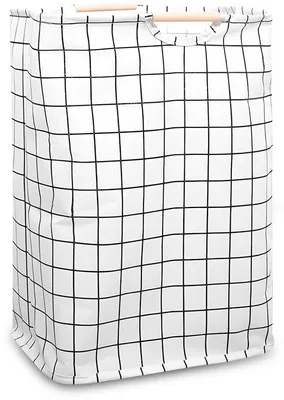 Immagine prodotto di Tessuto Oxford, pieghevole, 39×53×27 cm, bianco e nero, manico in legno, grande, cesto della biancheria, camera da letto, bagno