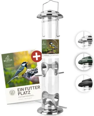 Immagine prodotto di colonna di alimentazione Wildtier Liebe Körner, mangiatoia per uccelli 38 cm, argento - in acciaio inox I Stazione di alimentazione per uccelli, colonna di alimentazione per uccelli, silo di alimentazione per uccelli selvatici I Alimentazione per uccelli per tutto l'anno