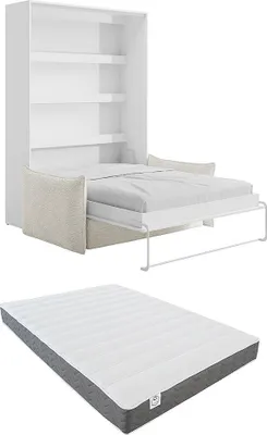 Produktbild von Schrankbett 160 x 200 cm – Manuelle vertikale Öffnung – Mit LEDs – Weiß + Sofa + Matratze – RAPILI