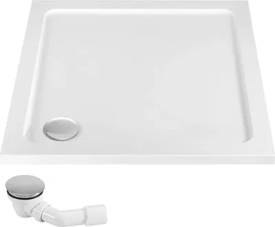 A white square shower tray with a silver drain cover and a separate silver and white drain assembly.