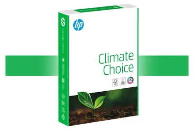 A ream of HP Climate Choice paper is shown against a white background with green gradient bands on the left and right.