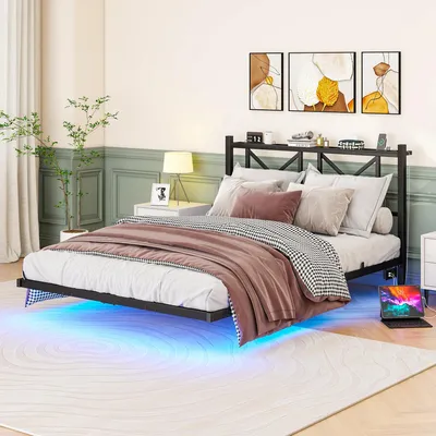 Produktbild von MODFU Klassische Betten 140x200 Schwebebettrahmen Plattformbett mit LED-Beleuchtung und Ladestation,Doppelbettgestell mit 1 Steckdosen und 2 USB-Anschlüssen,ohne Matratze,Schwarz
