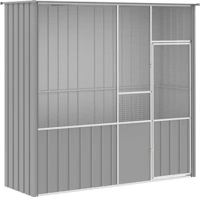 A grey metal aviary with mesh panels and a door.