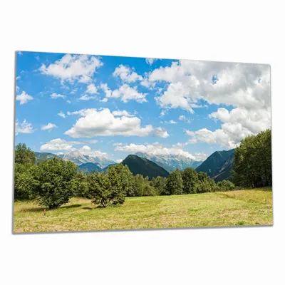 Produktbild von Wallario Herdabdeckplatte aus Glas, Größe 80 x 52 cm 1-teilig, Motiv Bergwiese in den Alpen