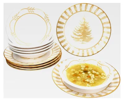 Produktbild von Tafelservice Wald ocker 12-teilig aus Steingut für 6 Personen mit Tannen- und Zweigenmotiv