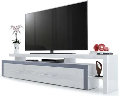 Produktbild von Vladon TV Board Lowboard Leon V3,  Germany, Korpus und Überbau in Weiß Hochglanz / Front in Weiß Hochglanz mit Rahmen in Grau Hochglanz (227 x 52 x 35 cm)