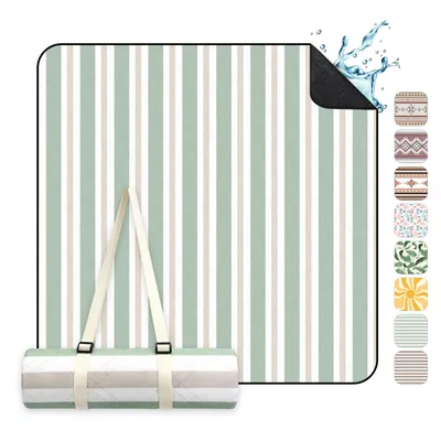 Produktbild von Sekey 200x200 cm Picknickdecke Wasserdicht Campingdecke XXL Stranddecke, Hellgrüne Streifen