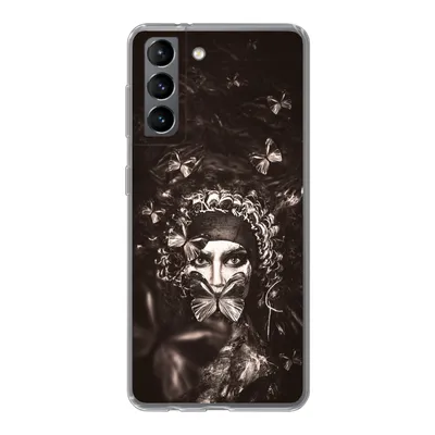 Produktbild von MuchoWow® Handyhülle Schutzhülle Hülle für Samsung Galaxy S21 Frau - Schmetterling - Schwarz - Weiß Silikon Softcase Handy Hülle - Softcase