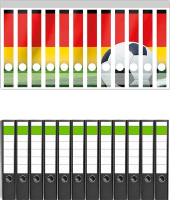 Produktbild von Wallario 12 Stück schmale Ordner inkl. Klebeetiketten mit Motive Fußball vor einer Deutschlandflagge -  Set mit Rückenschildern / Ordnerrücken Stickern