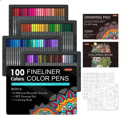 Image de Jeu de feutres fins, 100 couleurs, pointe de 0,4 mm, avec livres de coloriage et modèles