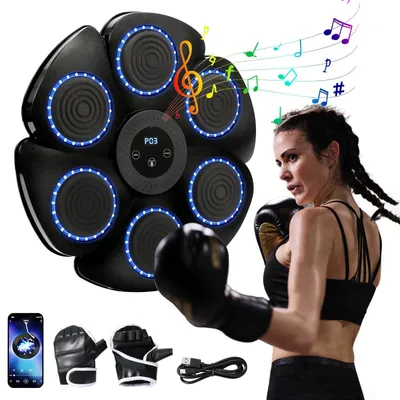 Produktbild von Smart Bluetooth Boxwand - Elektronisches Schlagziel - Musiktraining - LED-Licht - Für Kinder & Erwachsene - Schwarz mit Boxhandschuhen