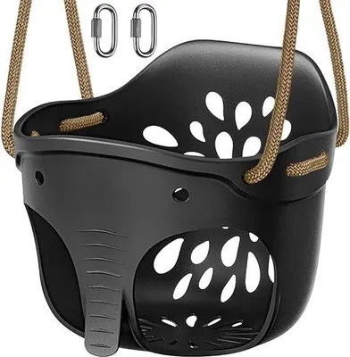 Produktbild von Outdoor-Schommelstuhl mit olifantendesign, schwarzes Kunststoff, hohem Rückenlehnen, 4 Karabinerhaken, verstellbarer Sitzgurt