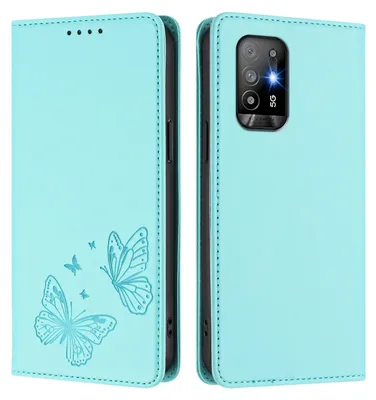 Image de Étui en cuir pour Oppo A94 5G, motif papillon, étui portefeuille à rabat avec support, vert menthe