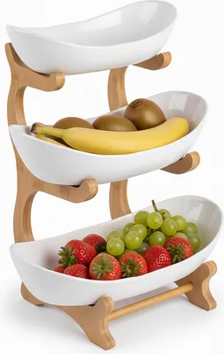 Image de Relaxdays Présentoir à fruits en bambou et PP, 3 étages, H x L x P 34 x 25 x 10 cm, présentoir à fruits, fruits, légumes, corbeille à fruits de cuisine, naturel/blanc
