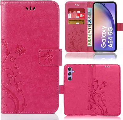 A collage of images showing a pink flip phone case with a floral pattern, a phone inserted into the case, and the case open to reveal card slots.
