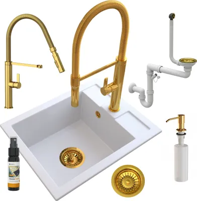 Produktbild von Granitan | Granitspüle - BEST - 1-Becken - mit goldfarbener Armatur - mit Siphon - Einbauspüle - Weiß - 50 x 40 cm