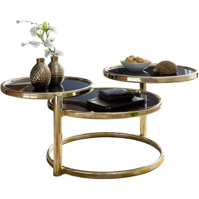 Produktbild von Couchtisch mit 3 Tischplatten Schwarz / Gold 58 x 43 x 58 cm, Beistelltisch Rund, Design Wohnzimmertisch Glas / Metall, Designer Glastisch Sofatisch modern, Kleiner Loungetisch