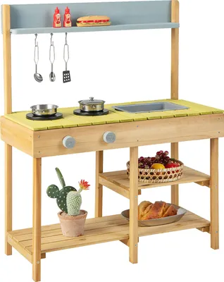Image de COSTWAY Cuisine de boue pour enfants, Cuisine pour enfants en bois avec évier amovible, 3 crochets, 2 fourneaux&étagère amovible, cuisine de jeu, cuisine de jardin pour enfants 3+