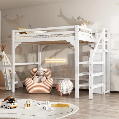 Image de Lit mezzanine avec sommier à lattes, 140 × 200 cm, avec escalier et armoire, lit pour adolescent avec espace de rangement, blanc