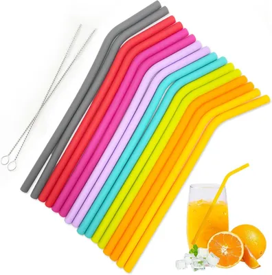 Produktbild von Silikonstrohhalme, wiederverwendbar – Set mit 16 Stück – Bunte, flexible Trinkhalme
