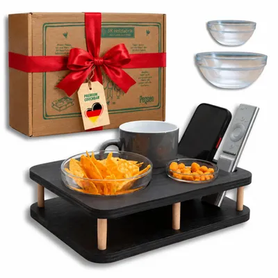 Produktbild von Couchbar Snackbar in Schwarz mit 2 Glasschalen - Couchbar Mini - Couch Tablett  für Snacks & Getränke [stabil & sicher] - Snackbar für Kaffeetasse
