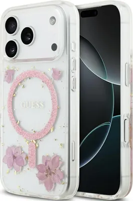 Zdjęcie produktu dla Etui GUESS pasujące do iPhone'a 17 Pro, kompatybilne z MagSafe, model GUHMP17LRBFGFGMP (Resin Flowers and Glitter), kolor różowy
