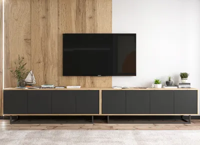 Obrázek produktu pro 2 ks RTV skříňka - Apollo2 + Apollo2 - TV skříňky - Loftový styl, Lindner nábytek - 300cm, Dva černé kovové rámy, Barva: dub Wotan matný - černá matt