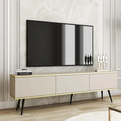 Productafbeelding van TV-meubel FORNO, beige met gouden accenten, Glamour Art Deco stijl, 175 cm, met zwarte poten