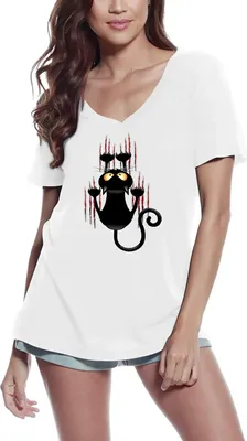 Produktbild von Damen Grafik T-Shirt V-Ausschnitt Schwarze Katzenstreifchen - für Katzenliebhaber – Black Cat Stratches - For Cat Lovers – Öko-Verantwortlich Vintage