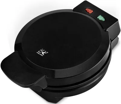 A black waffle maker is shown from a slightly elevated angle against a white background.