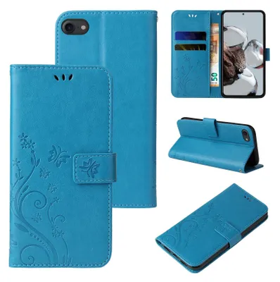 Collage of product images showing a blue flip phone case with floral and butterfly design from different angles.