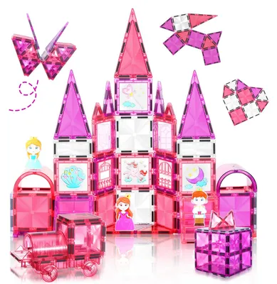 Productafbeelding van W Wise Magnetische bouwstenen, 101 stuks, met auto's en een prinsessenontwerp, STEM constructiespeelgoed voor jongens en meisjes van 3, 4, 5, 6, 7 en 8 jaar, roze