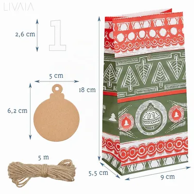 Produktbild von Adventskalender LIVAIA 2026 zum Befüllen, 24 Papiertüten, Holzklammern