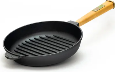 Produktbild von Ø24cm Grillpfanne Gusseisen Induktion Holzgriff Bratpfanne Pfanne Feuerpfanne