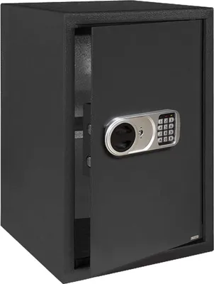 A black safe with its door open, showing a digital keypad and a circular lock mechanism.