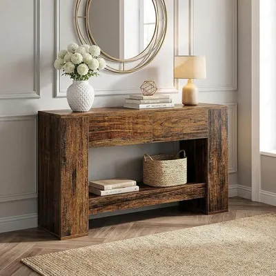 Image de Console de 140 cm avec tiroirs, table étroite, étagère à placer derrière le canapé, console en bois, table d'entrée pour le salon, table d'appoint, dimensions : 140 x 30 x 85 cm, couleur : marron rustique
