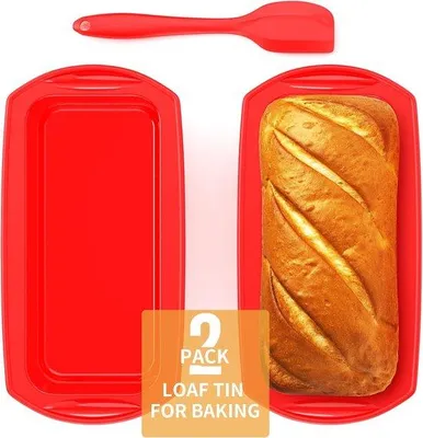Produktbild von Famanu Silikon Brotbackform Set von 2 rechteckig mit Teigschaber antihaft rot