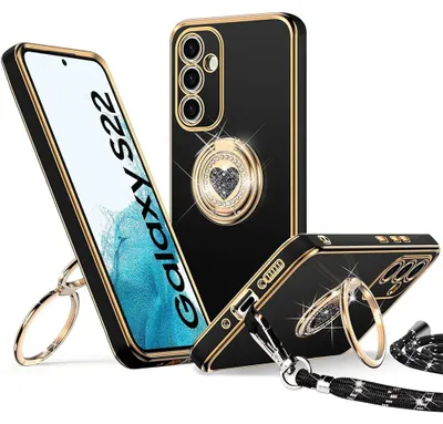 Image de Coque pour Samsung Galaxy S22, Protection Silicone Antichoc avec Cordon et Anneau Motif Coeur - Noir