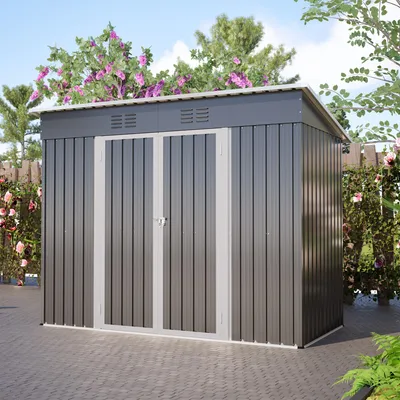 Productafbeelding van Tuinhuis met plat dak, 8x4 voet, van metaal, met afsluitbare deur, 2 ventilatieopeningen, weerbestendig