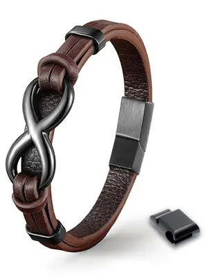 A brown leather bracelet with an infinity symbol and a magnetic clasp, shown on a white background. A separate clasp piece is shown to the right.